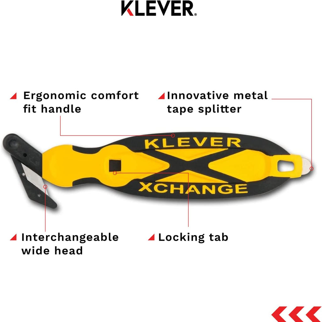 Klever XChange Box Cutter, Klever Kutter Package Opener Wide Cut Head, Ergonomic Soft Touch Handle Utility Knife, Cuts Thicker Substrates, Boxes, Film, Tape and More, Yellow, 10 Pack (KCJ-XC-30Y)