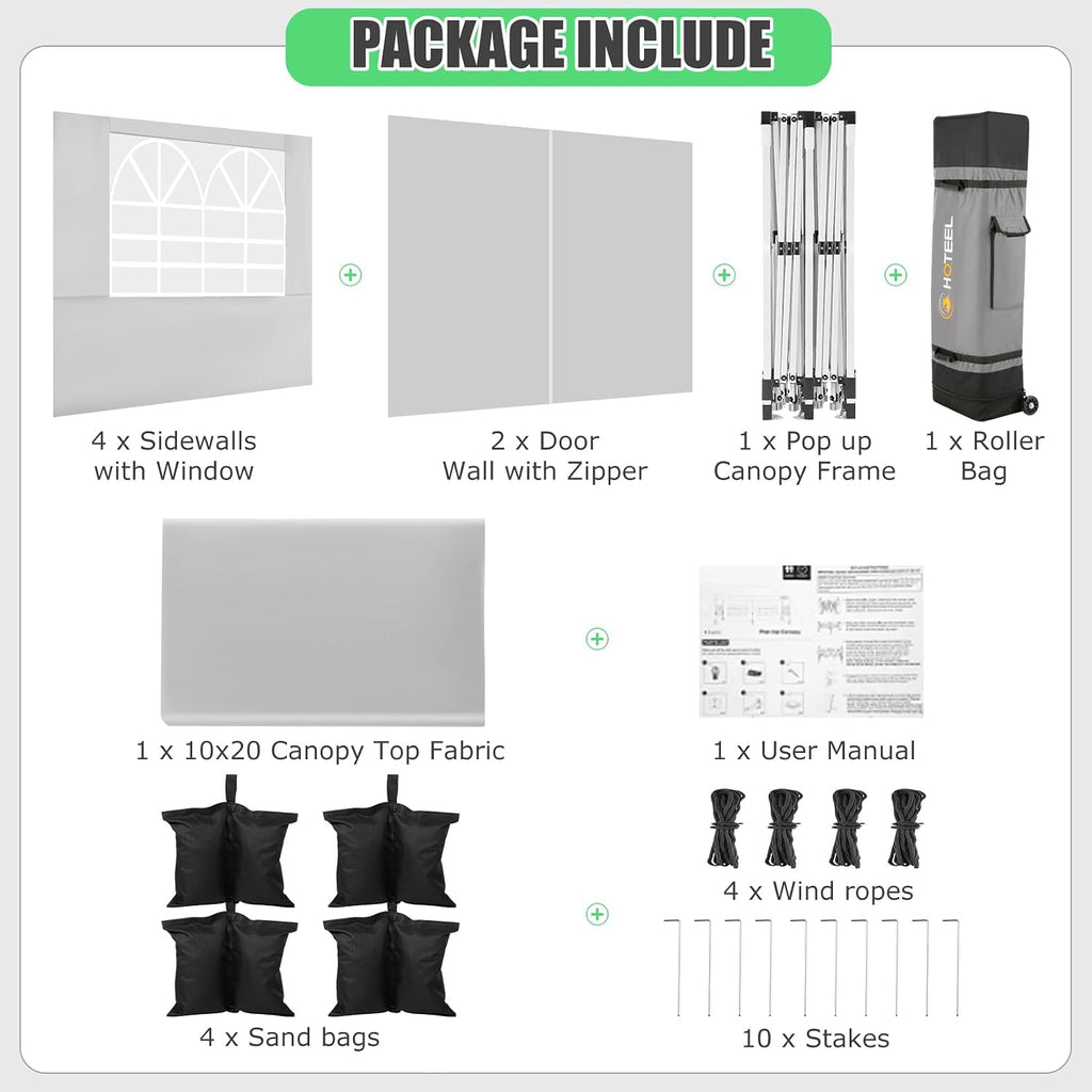 HOTEEL 10x20 Pop Up Canopy Tents for Parties, Outdoor Tent with 6 Sidewalls & Wheeled Bag & 4 Sandbags, Easy Setup for Wedding, Patio Events, Commercial, Party -Waterproof and UV50+ Protection, White