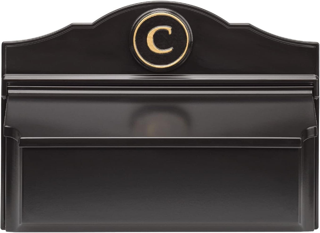 Whitehall Custom Wall Mount Mailbox Package - Mail Box with Monogram, Sand Cast Aluminum, Classic Design Black Personalized in Goldtone