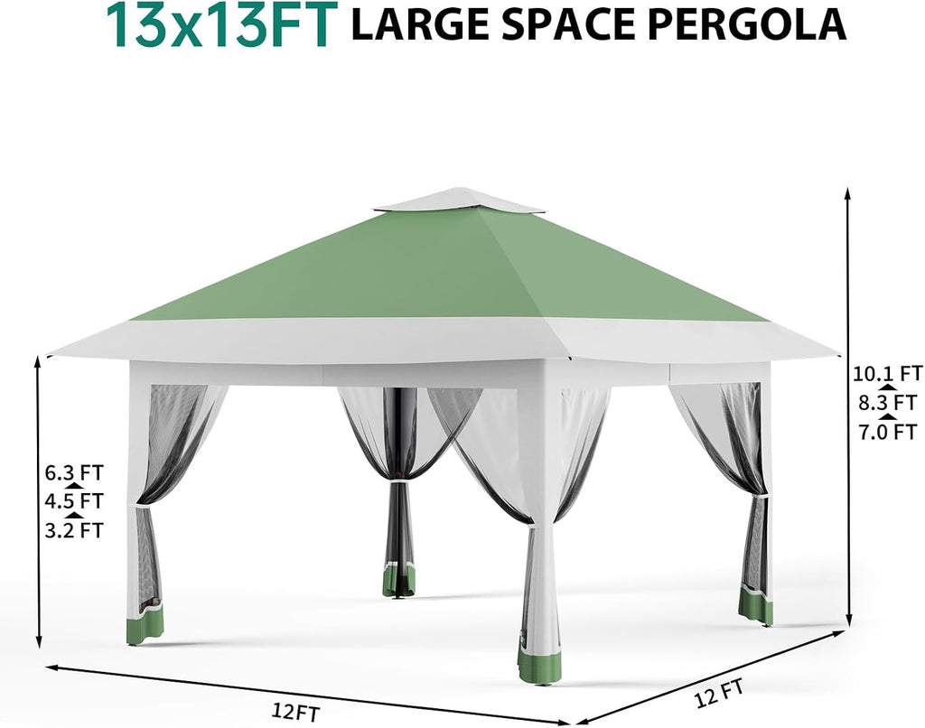 13X13 Pop Up Gazebo,Outdoor Canopy Tent with Mosquito Netting, Double Vented Roof Sun Shelter with Adjustable Heights,Outdoor Gazebo for Backyard & Patio Furniture.(Olive Green + Heather Gray).
