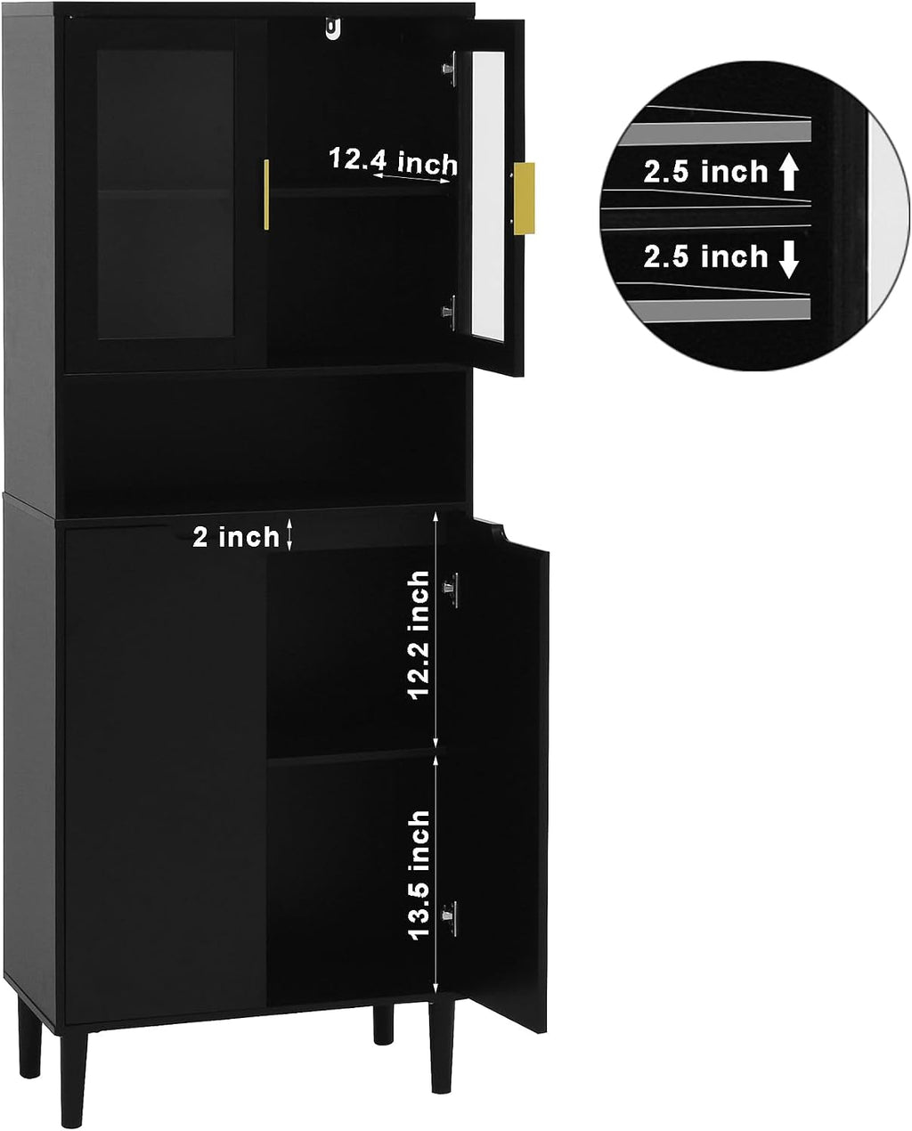 LUMISOL Storage Cabinet with 2 Glass Doors, Solid Wood Accent Cabinet with Gold Handles, Modern Cabinet Freestanding for Study Room Living Room, Save Space, Black