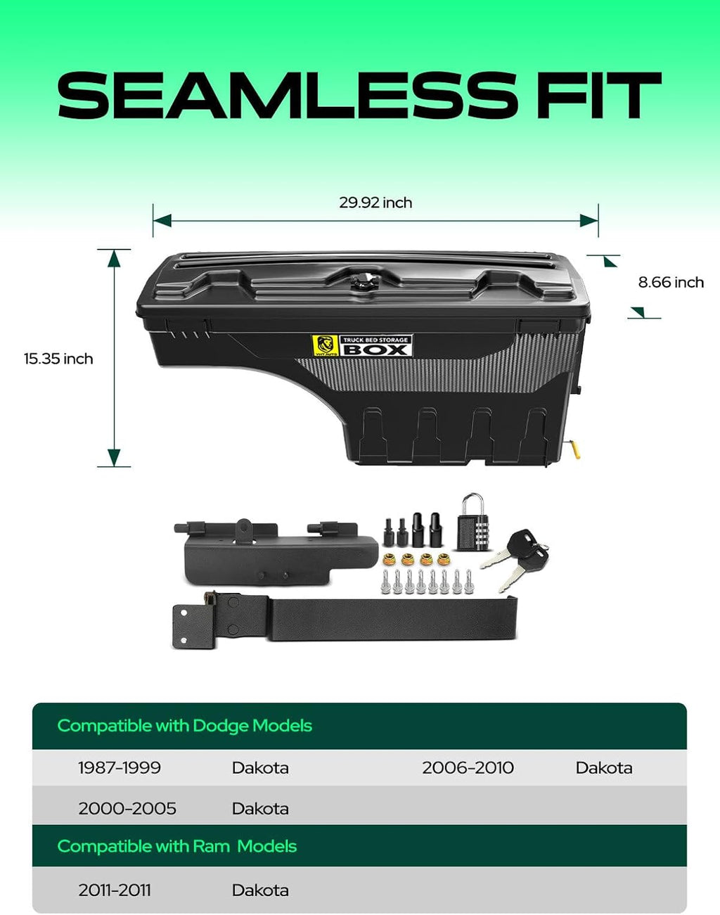 YHTAUTO Truck Bed Storage Tool Box Lockable Compatible with 1987-2011 Dodge Dakota, Passenger Side, Swing Waterproof Wheel Well Toolbox