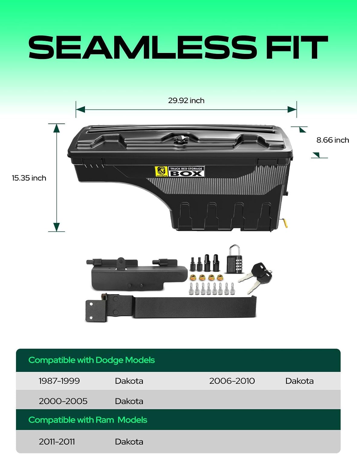 YHTAUTO Truck Bed Storage Tool Box Lockable Compatible with 1987-2011 Dodge Dakota, Passenger Side, Swing Waterproof Wheel Well Toolbox
