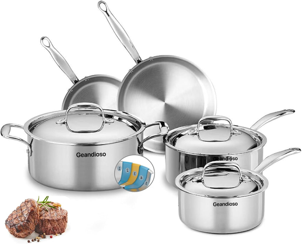 5 Ply Stainless Steel Cookware Set,8-Piece,Professional Kitchen Cooking, Heavy Chef Quality,PFOA, PTFE & PFOS Free,Induction, Non-Toxic, Oven Safe,Best 18/8 Full Clad