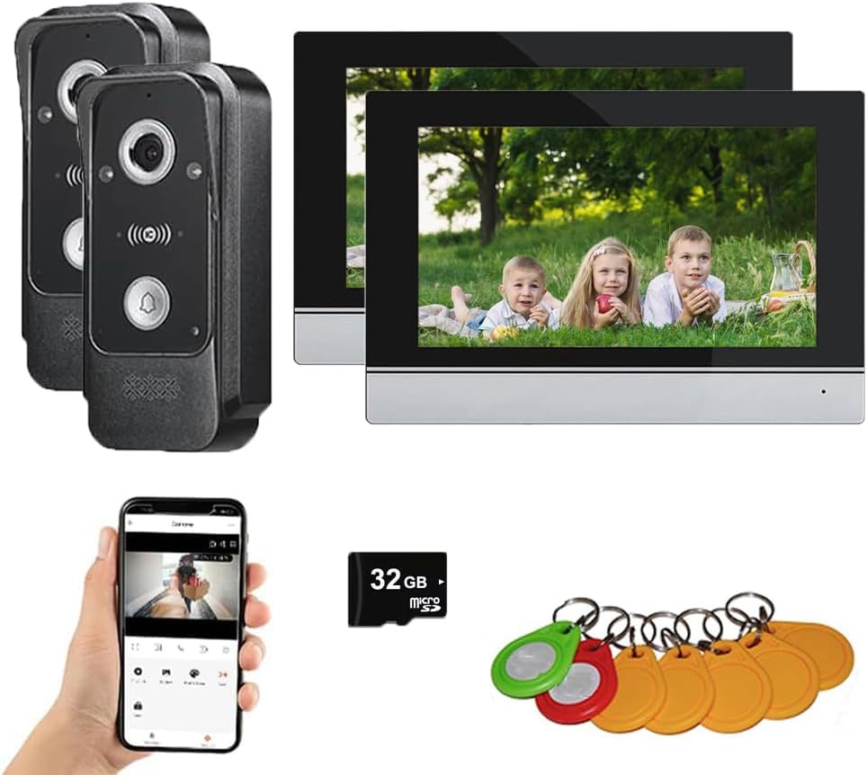 Wired Video Intercom System Tuya WiFi 7 Inch Touch Screen 1080P Doorbell Intelligent Tuya APP Intercom Kit with 3 in 1 Unlock Motion Detection,Anti-Tamper Alarm,32G (2 Bell+2 Monitor)