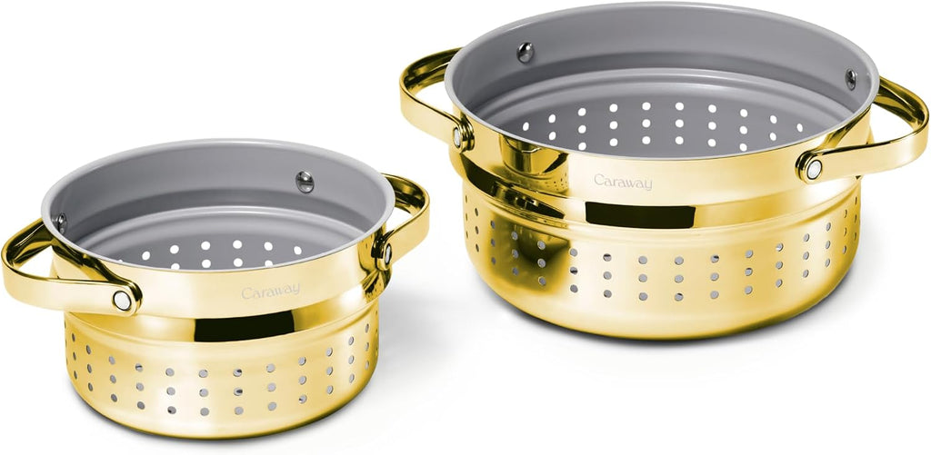Caraway Small & Large Steamer Set – Made with Handles - Non Stick, Non Toxic Coating - Steam Veggies, Seafood, and More - Compatible With Our Dutch Oven or Sauce Pan – 3qt & 6.5qt - Gold