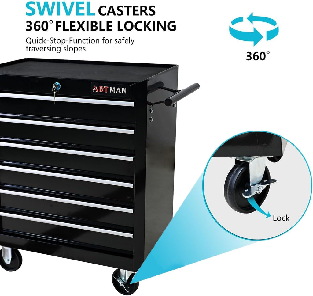 6-Drawer Tool Cart on Wheels, Drawers Rolling Tool Chest with Key Lock, Mobile Trolley Organizer Tools Box with Locking Wheels & Ball Bearing Drawers for Garage,Warehouse,Repair Shop (Black)