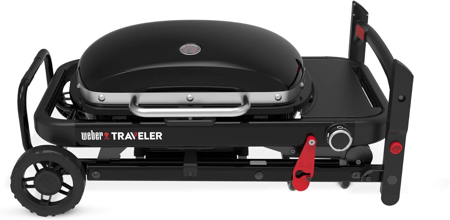 Weber Traveler® Compact Portable Gas Grill (Liquid Propane) for Outdoor Cooking – Black, Porcelain-Enameled Lid, Side Table, Folding Portable Grill with Wheels for Camping, Tailgating & Travel