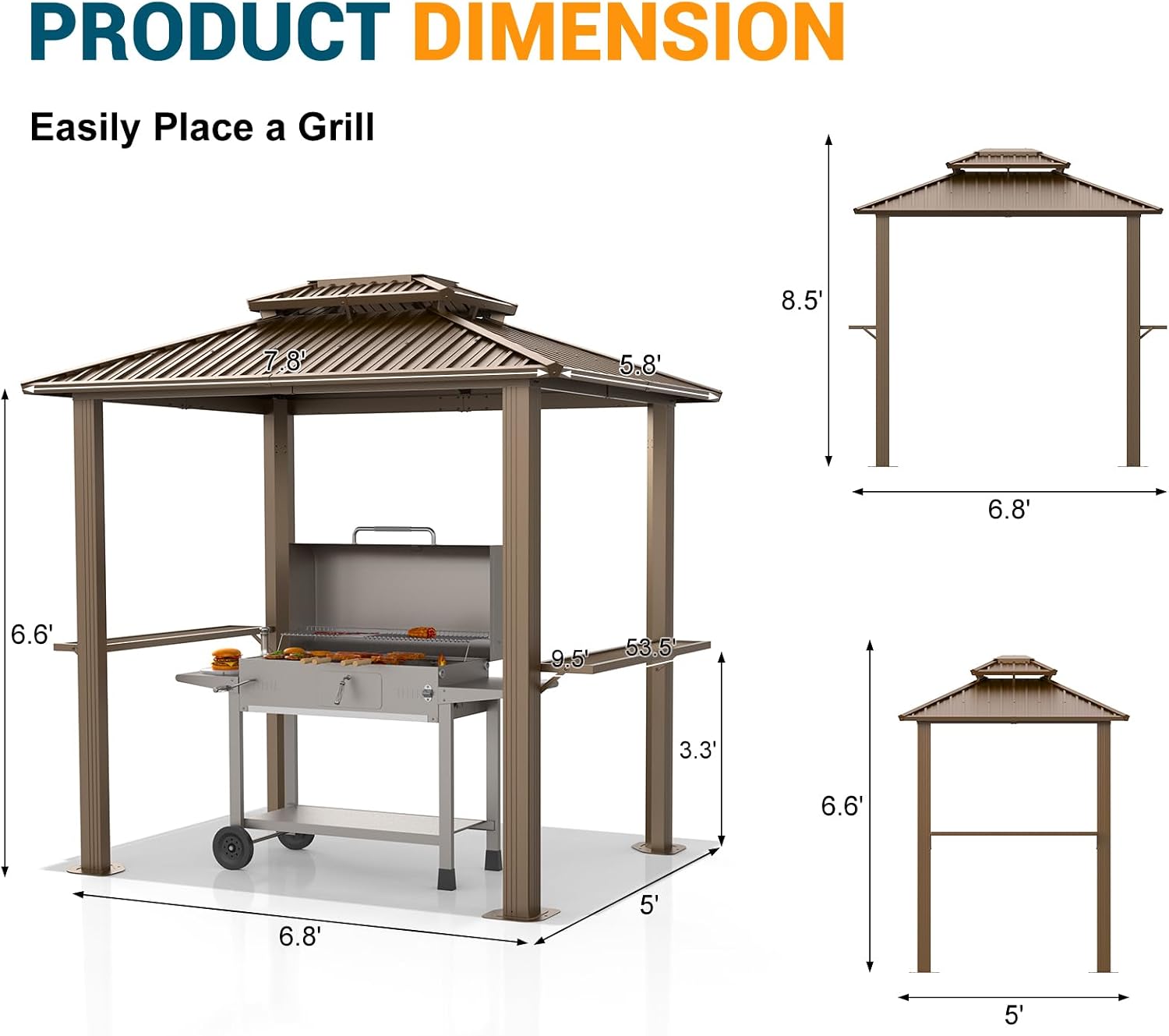 Hoteel 6x8 Hardtop Grill Gazebo,Brown