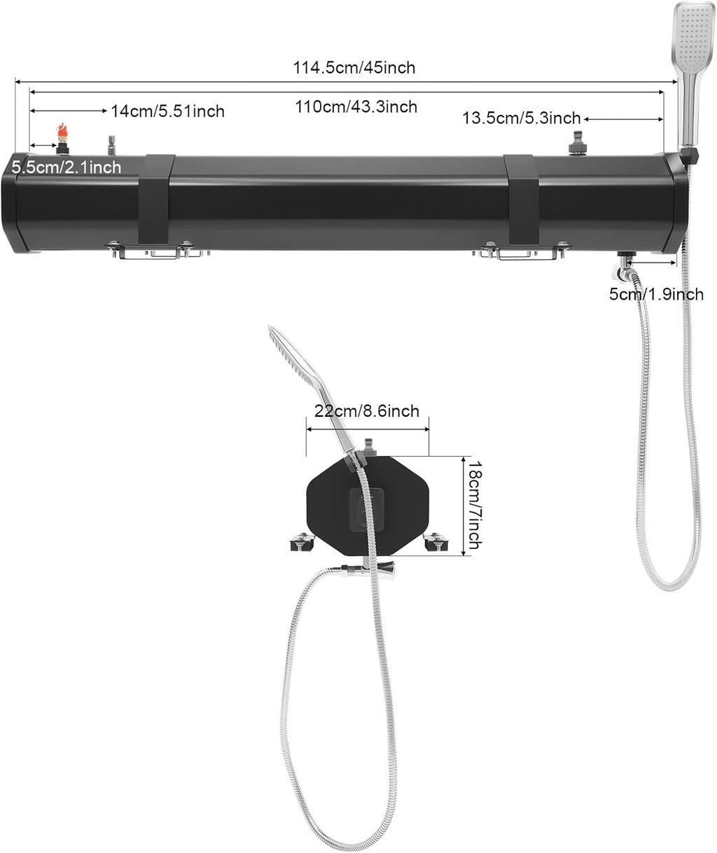 TFCFL 7.93 Gallon Roof Rack Mount Road Shower, High Pressure Outdoor Camping Shower with Long Hose, Portable Camping Solar Shower for Camping, Hiking, Beach, Pet & Gear Cleaning, Black