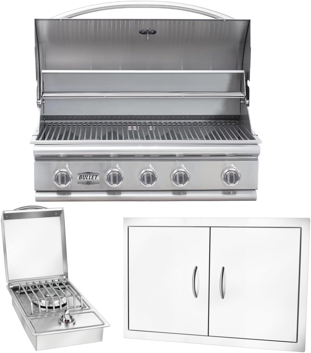Bullet by Bull Stainless Steel Outdoor Kitchen Set - Built-In Liquid Propane Grill, Perfect for Entertaining -BBQ Kitchen Isl& Bundle - Includes 5 Burner Grill, Double Access Door & Side Burner