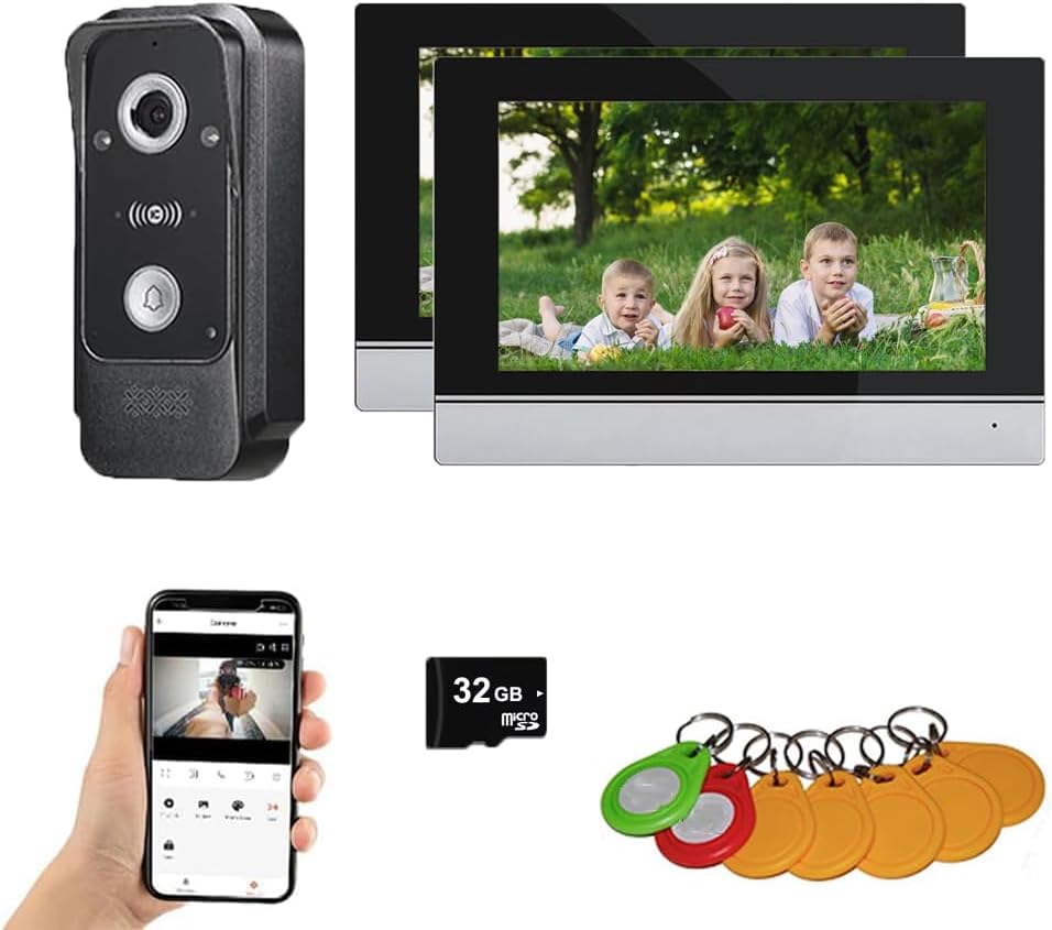 ANJIELO SMART Wired Video Intercom System Tuya WiFi 7 Inch Touch Screen 1080P Doorbell Intelligent Tuya APP Intercom Kit with 3 in 1 Unlock Motion Detection,Anti-Tamper Alarm,32G (1 Bell+2 Monitor)