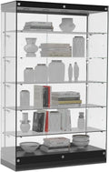 Displays2go 4' Frameless Glass Showcases with LED Lighting, Adjustable Shelves, Locking, MDF – Black (GTAP48LEDB)