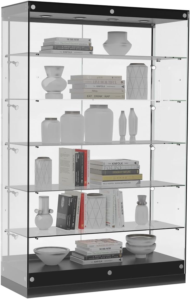 Displays2go 4' Frameless Glass Showcases with LED Lighting, Adjustable Shelves, Locking, MDF – Black (GTAP48LEDB)