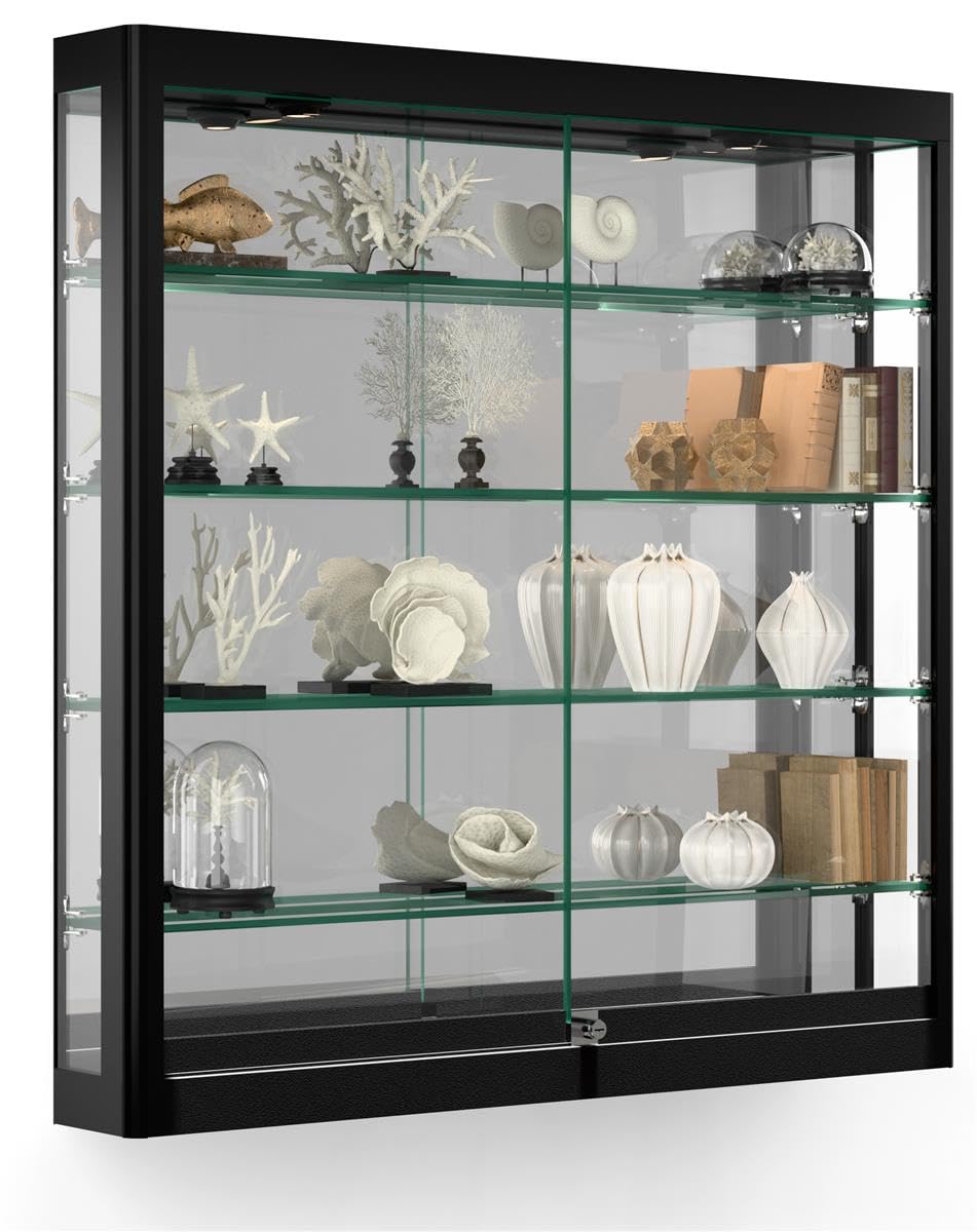Displays2go Illuminated Showcase for Wall Mount, LED Top Lighting, 4 Tempered Glass Shelves – Black (WC396LEDB)