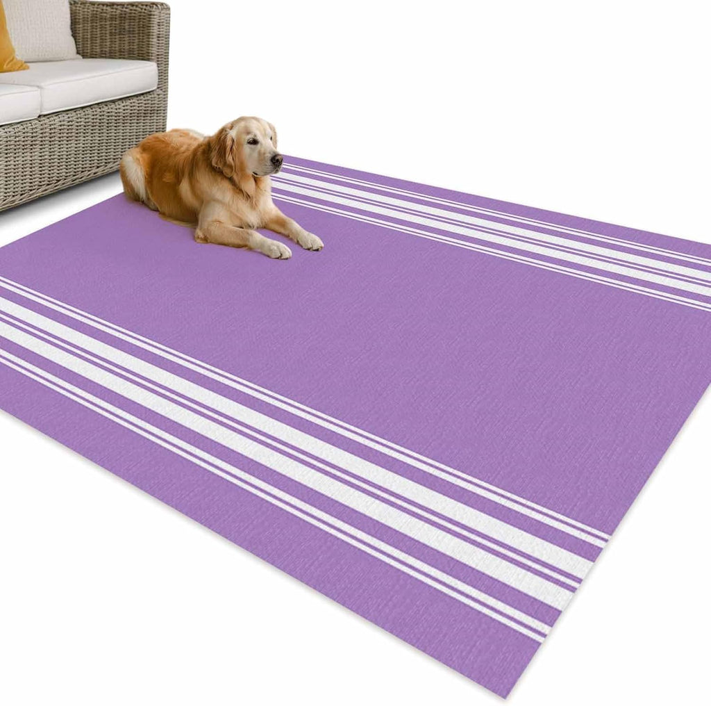Outdoor Rug 4x6ft Pastoral Country Style White Stripes Patio Area Rugs Waterproof Easy Cleaning Non Shedding Thick Mats Purple Carpet for Indoor Outdoor Porch Deck Backyard Balcony