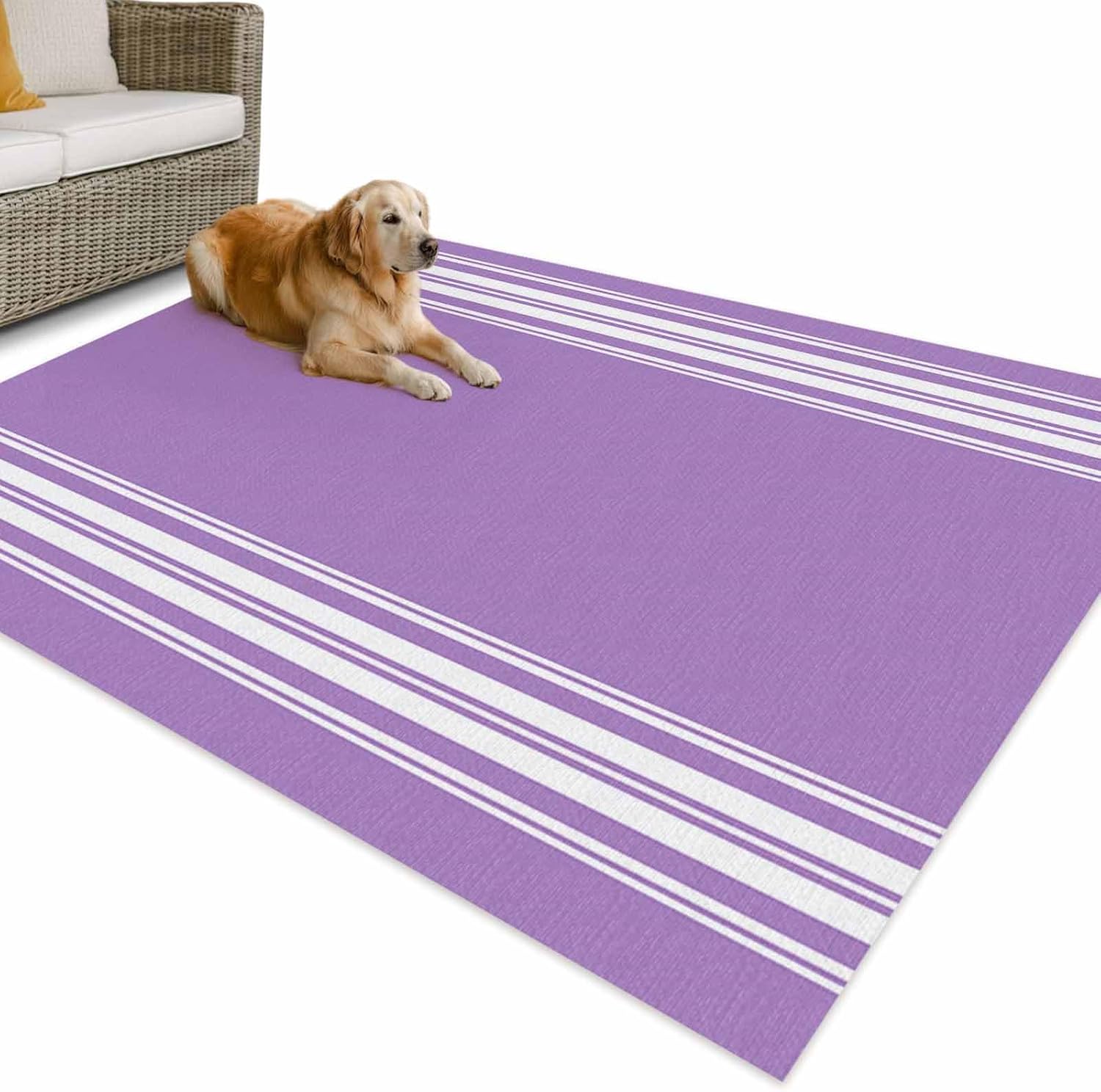 Outdoor Rug 4x6ft Pastoral Country Style White Stripes Patio Area Rugs Waterproof Easy Cleaning Non Shedding Thick Mats Purple Carpet for Indoor Outdoor Porch Deck Backyard Balcony