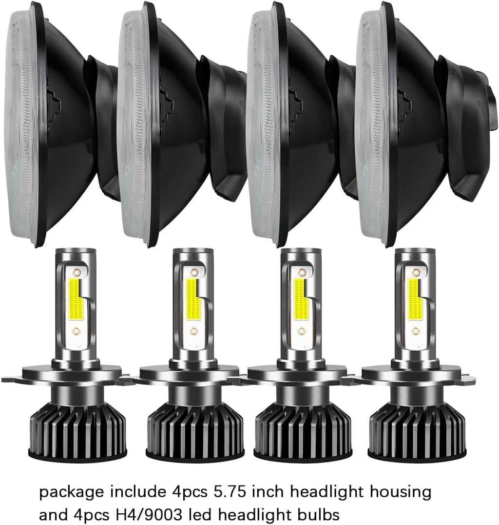 5.75 inch H5006 H5001 Glass Round Headlight Housing + H4/9003 High& Low Beam Bulbs, Compatible with Challenger Gran Torino Oldsmobile Cutlass Plymouth Fury Muscle Cars Trucks Headlights,4 Set