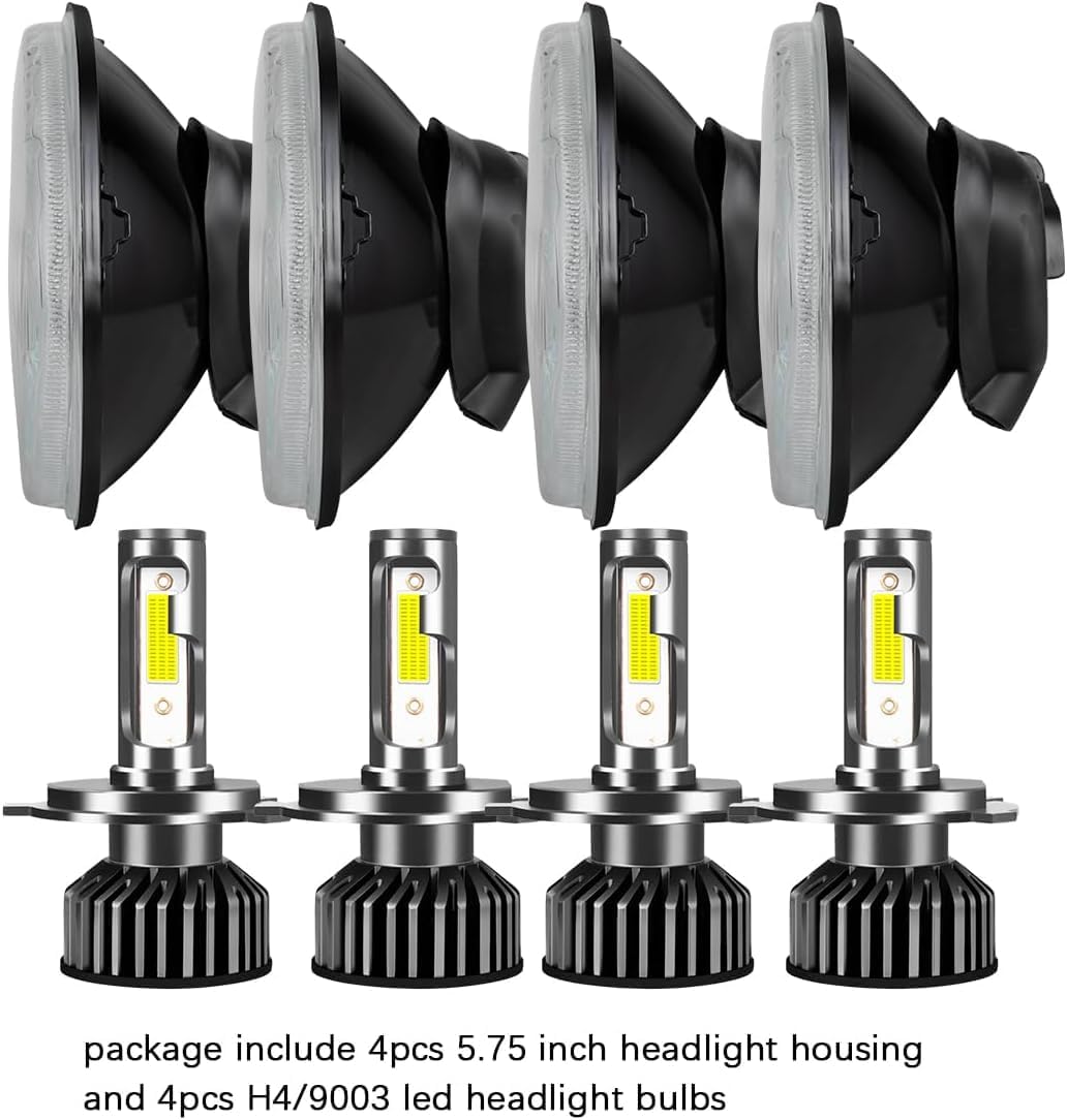 5.75 inch H5006 H5001 Glass Round Headlight Housing + H4/9003 High& Low Beam Bulbs, Compatible with Challenger Gran Torino Oldsmobile Cutlass Plymouth Fury Muscle Cars Trucks Headlights,4 Set