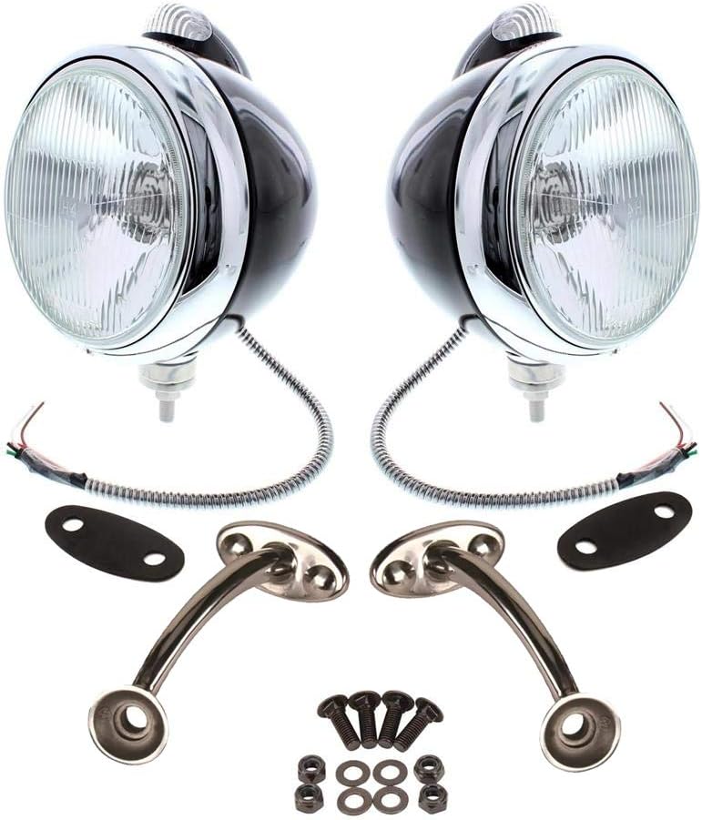 Speedway Motors Guide 682-C Style 12-Volt Headlight Kit with Clear Lens Marker Lights, H4 Bulbs, Polished Stainless Highboy Mounts and Model A Fender Pads, Black, 7 Inch Diameter