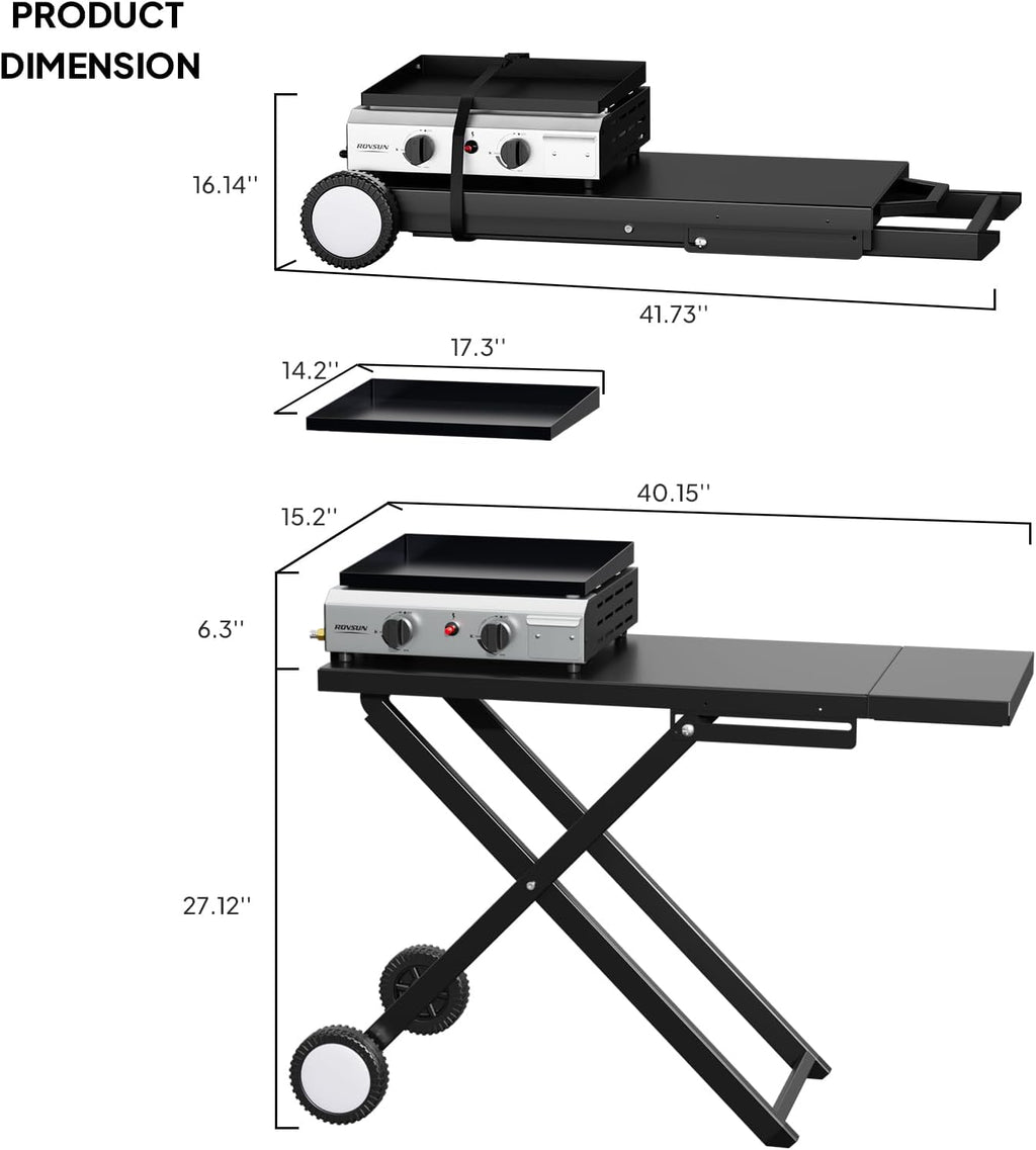 Bonnlo Foldable Flat Top Grill with 2 Burner, Powerful 20,000 BTU Propane Gas Grills with Ignition, Enamel Griddle, Side Shelf & Portable Cart with Wheels for Outdoor Camping Hibachi Grill Use