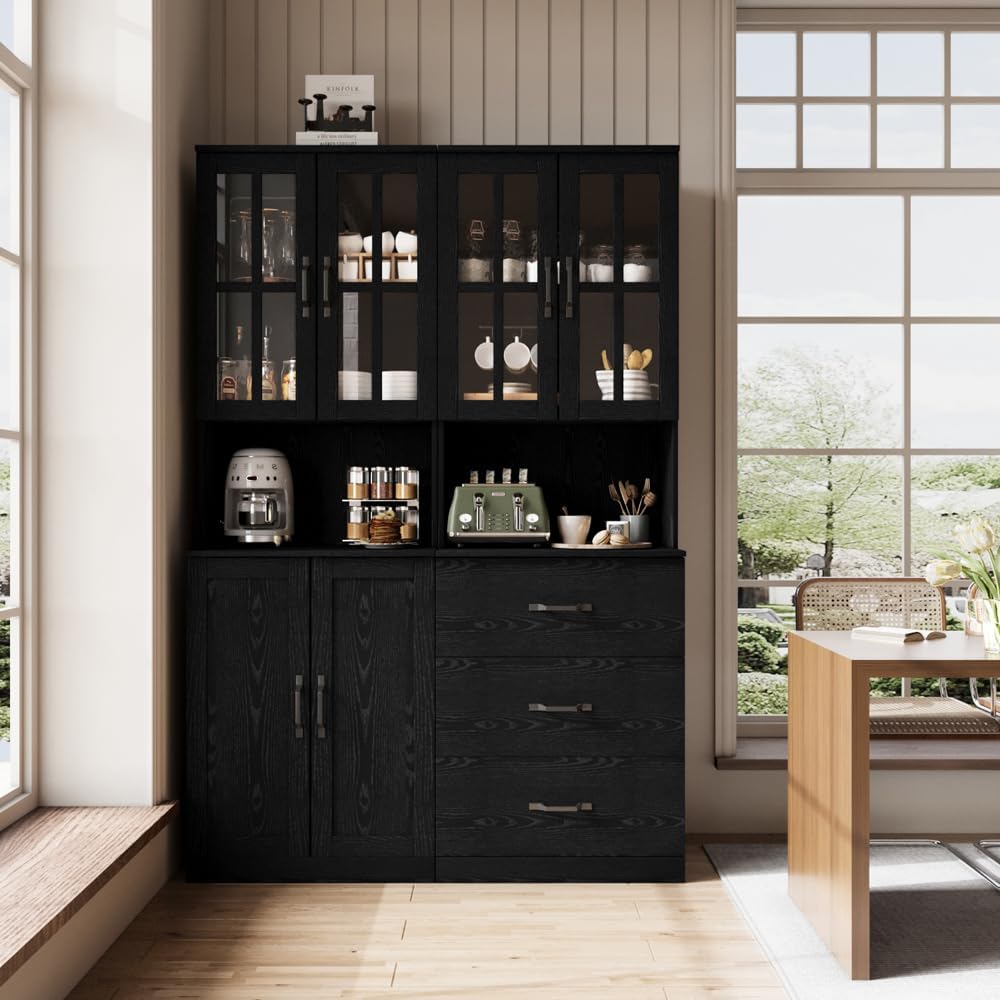 VOWNER Bookcase with Glass Door, 5-Tier Modern Bookshelf with Large Drawer, Glass Display Cabinet with Large Storage Shelf, Combination Storage Cabinet for Home Office (Black, AEA)