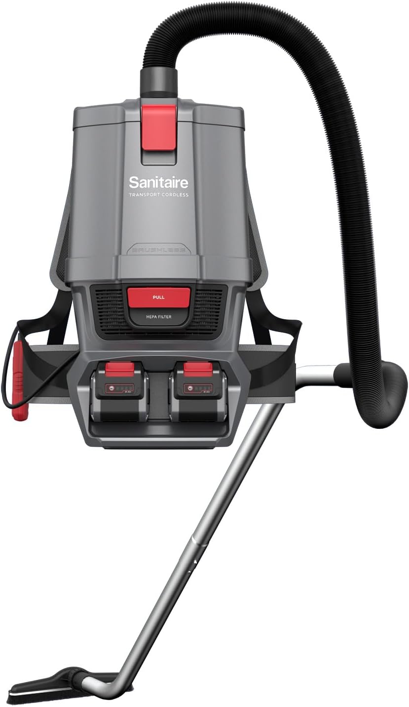 Sanitaire Transport Commercial Cordless Backpack Vacuum with Adjustable Wand, Dual 24V Batteries, Handheld Controls, SC580A. Gray