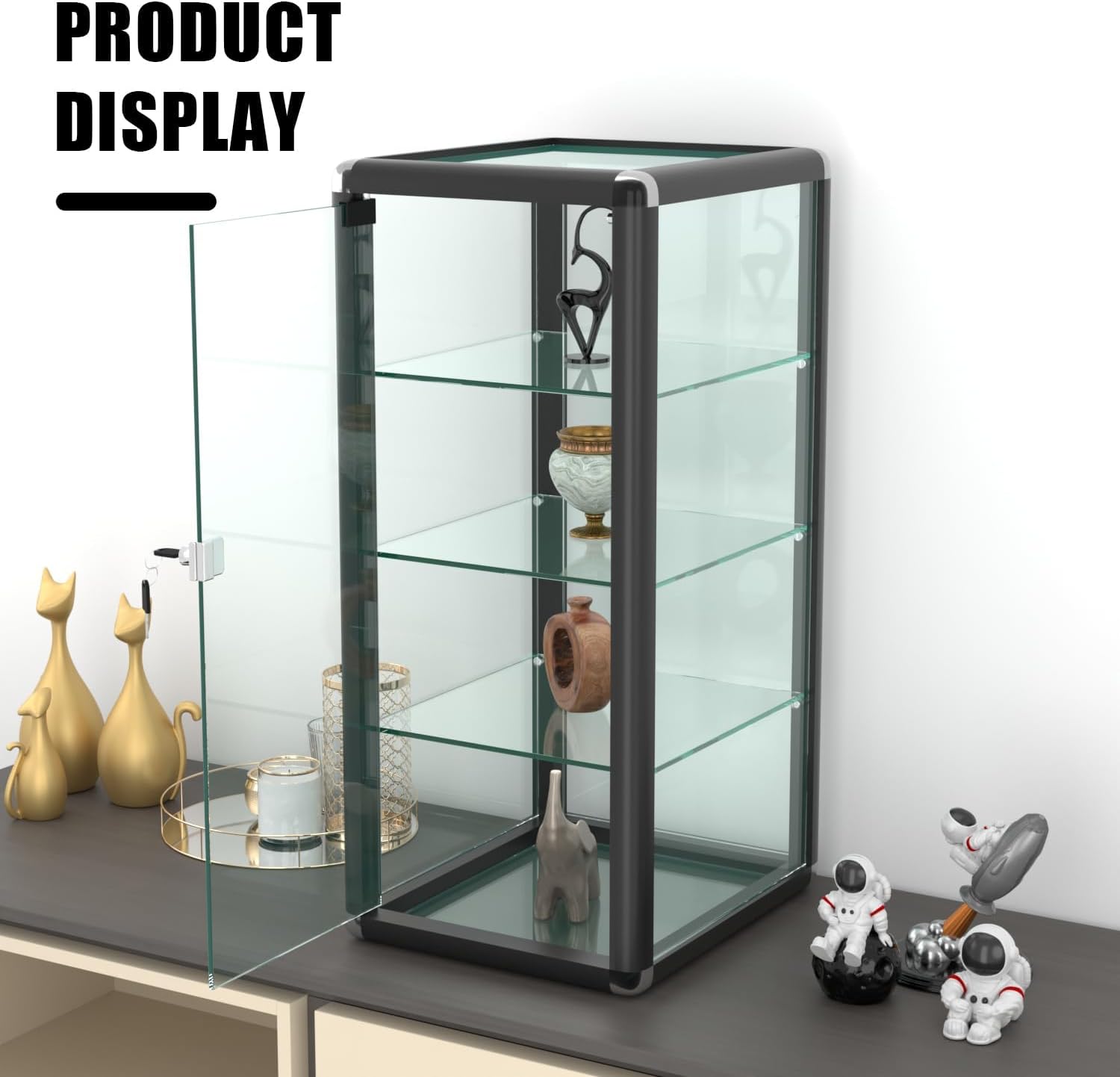 14' W x 27' H x 12' D - Black Aluminum Tempered Glass Countertop Display Case - Durabletable Top Display Case,Clear Display Cabinet for Retail, Home & Office Use