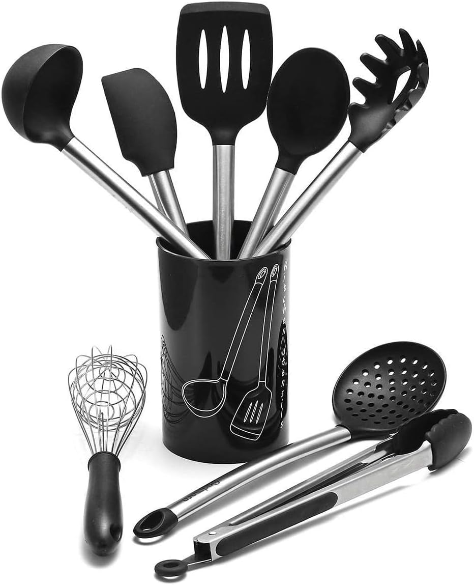 Kitchen Utensils Set, 8 Piece Silicone Cooking Utensils Set with Holder, Heat Resistant Utensils Set with Stainless Steel Handle for Nonstick Cookware, Kitchen Tools