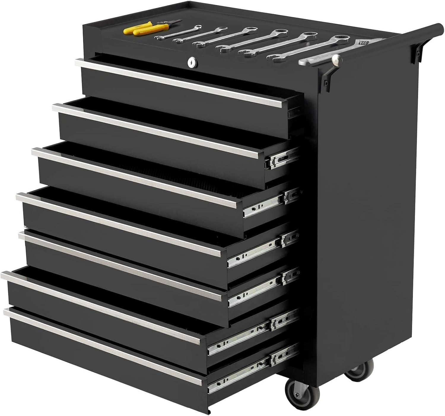 7-Drawer Tool Box with Wheels, 24 inch Rolling Tool Chest and Organizer for Garage & Workshop, Includes Detachable Top, Lockable Wheels and Sliding Drawers, Essential Tool Chest Cabinet Organizer