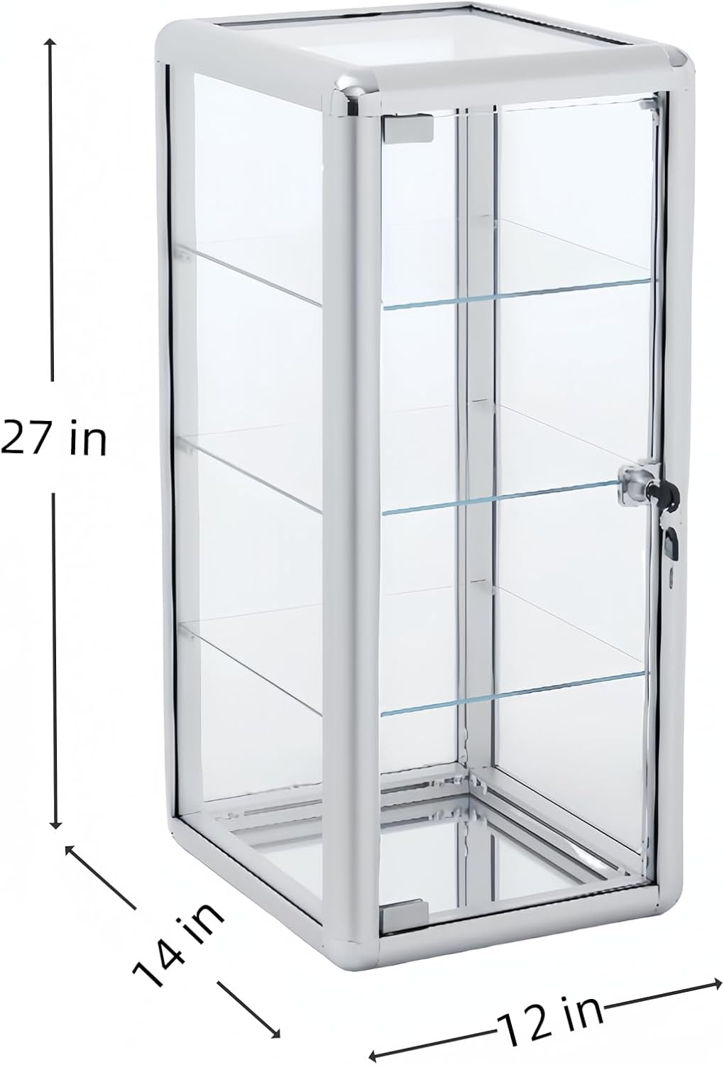 Lockable Tempered Glass Display Case – 4-Shelf Countertop Showcase with Aluminum Frame – 12'D x 14'W x 27'H Silver Cabinet for Retail, Jewelry & Collectibles