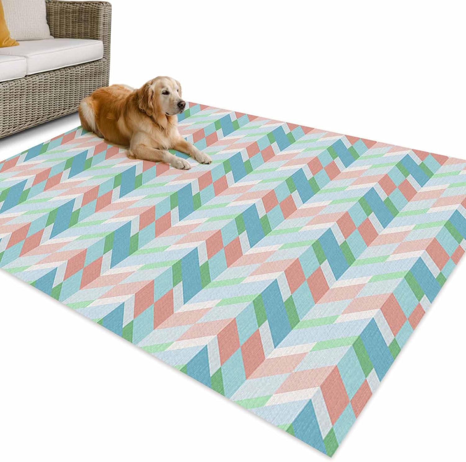Outdoor Rug 4x6ft Abstract Geometric Herringbone Colorful Art Patio Area Rugs Waterproof Easy Cleaning Non Shedding Thick Mats Simplistic Carpet for Indoor Outdoor Porch Deck Backyard Balcony
