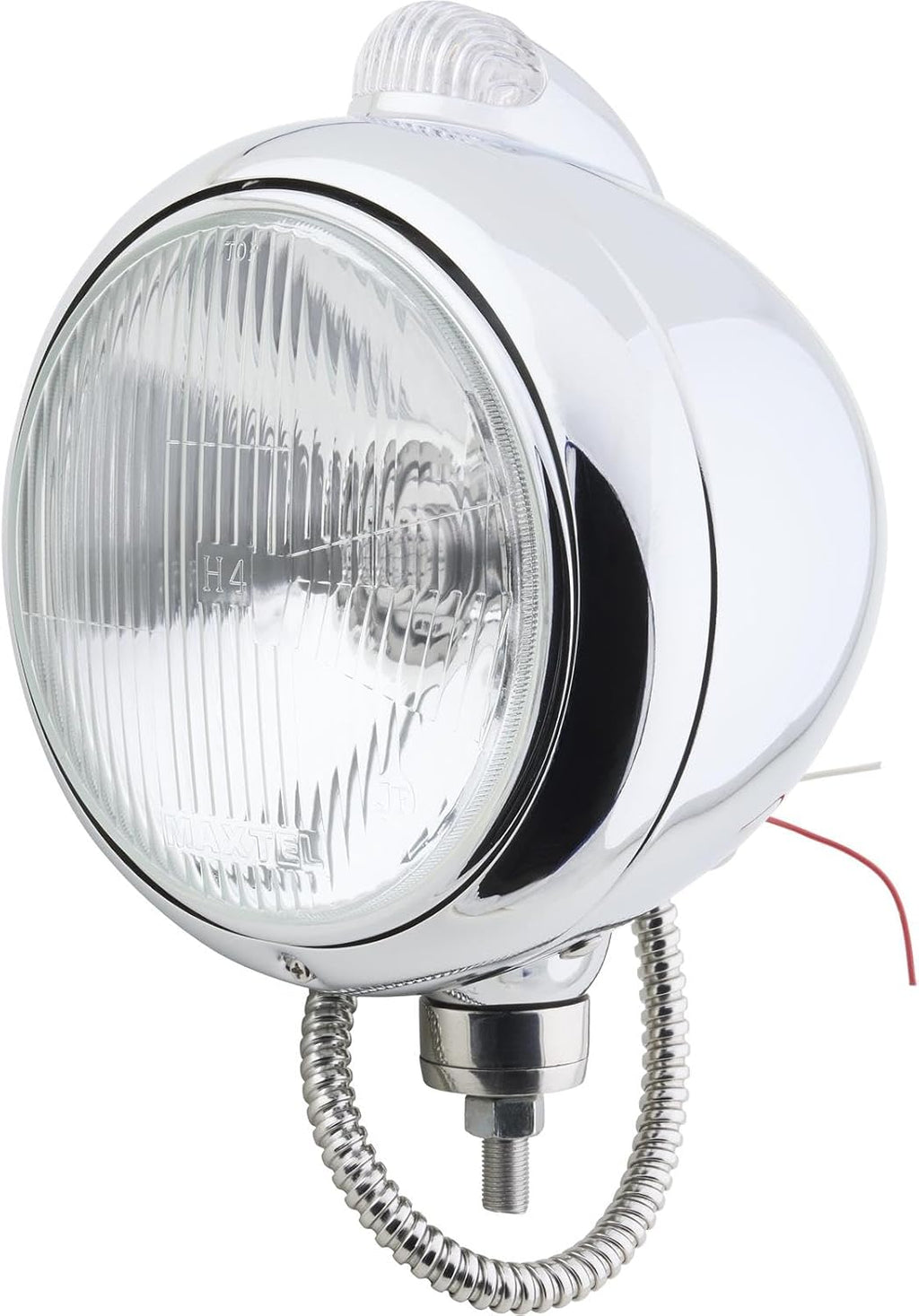 Speedway Motors Guide 682-C Style 7 Inch Chrome Headlight with H4 Halogen Bulb, 12 Volt, Clear LED Marker Light, Round Steel Housing, Universal Driver or Passenger Side