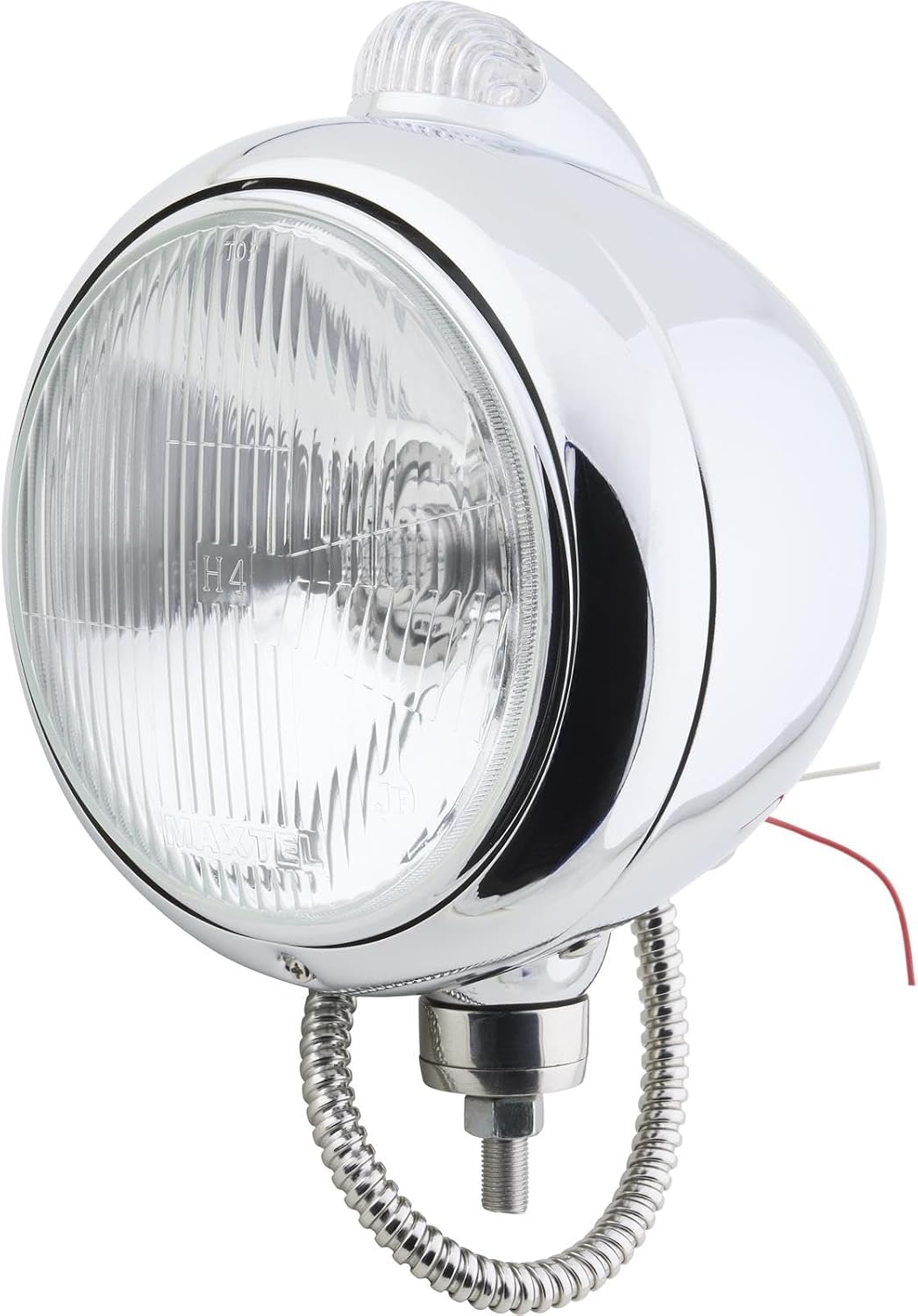 Speedway Motors Guide 682-C Style 7 Inch Chrome Headlight with H4 Halogen Bulb, 12 Volt, Clear LED Marker Light, Round Steel Housing, Universal Driver or Passenger Side