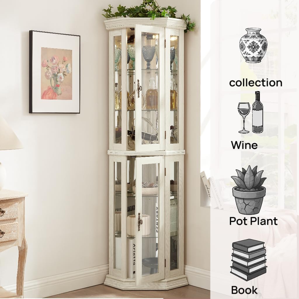 70' Lighted Corner Curio Cabinet,Inside Mirror Corner Glass Display Case with Tempered Glass Door for Living Room, Antique Collectibles, Wine & Bar Glass Storage, Lights Included