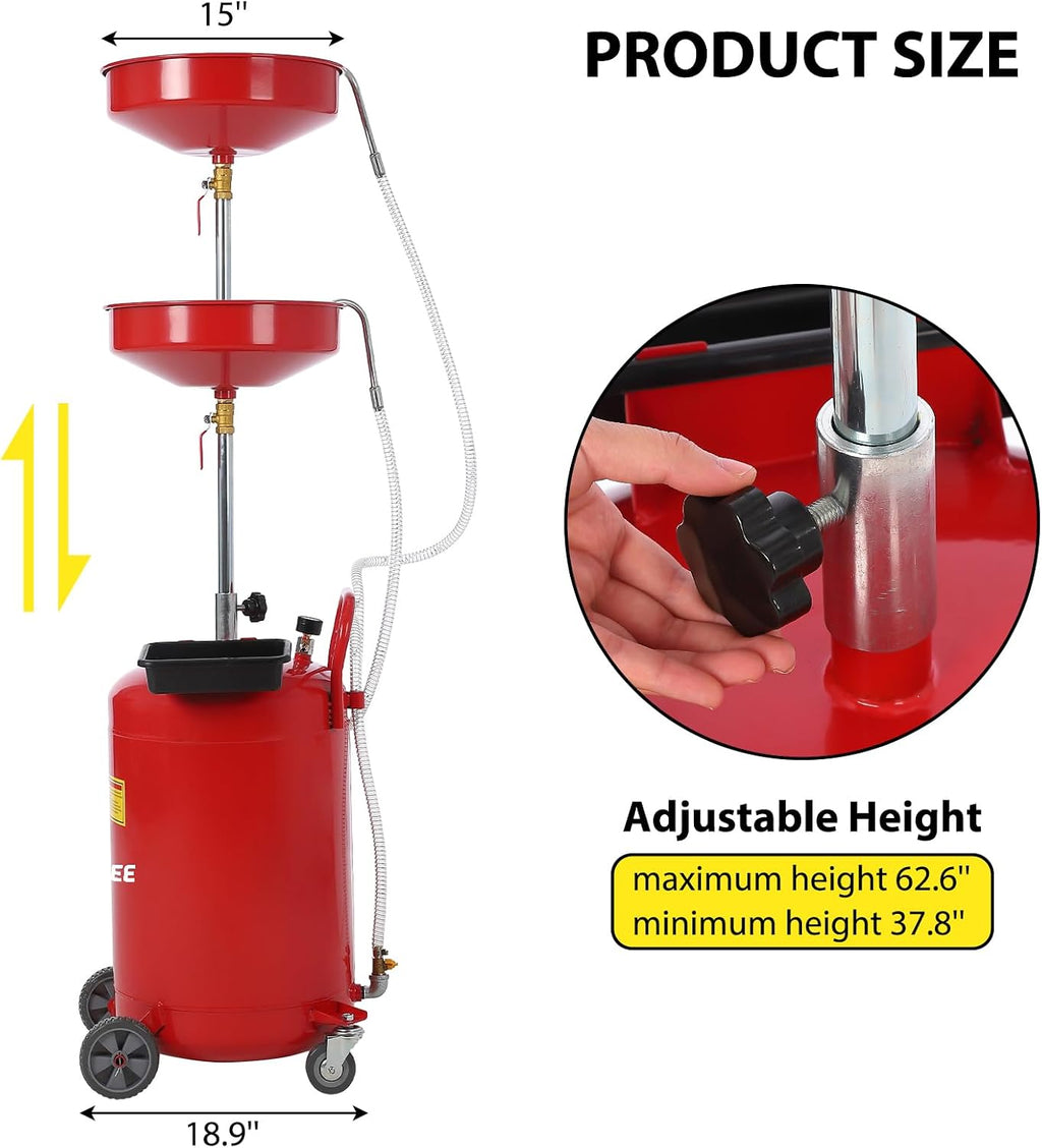 Garvee 20 Gallon Waste Oil Drain Tank, Portable Oil Drain Container, Air Operated Drainer, Fluid Fuel Transfer Drainage, Adjustable Funnel Height with Wheel &15'' Premium Bowl and a Toolbox