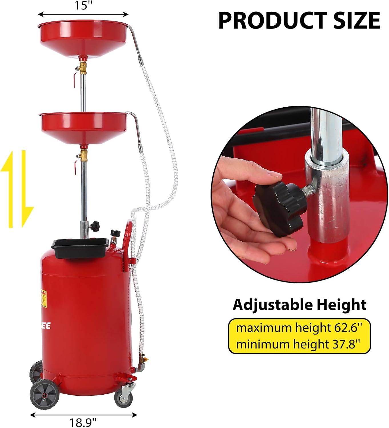 Garvee 20 Gallon Waste Oil Drain Tank, Portable Oil Drain Container, Air Operated Drainer, Fluid Fuel Transfer Drainage, Adjustable Funnel Height with Wheel &15'' Premium Bowl and a Toolbox