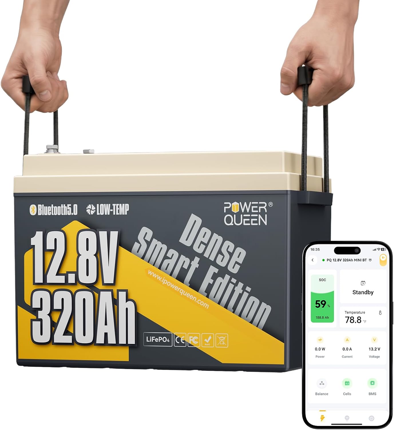 Power Queen 12V 320Ah Mini Bluetooth LiFePO4 Battery, 15000+ Deep Cycles Smart Lithium Battery with Low-Temp Protection, 4.096kWh High Energy for RV,Travel Trailer,Marine,Solar