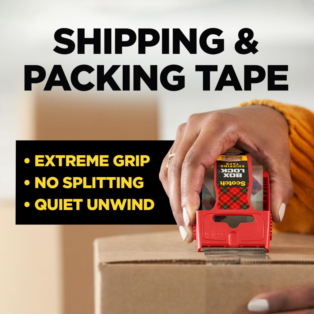 Scotch Box Lock Packing Tape,Clear,Extreme Grip Box Packaging Tape for Shipping and Mailing,1.88 in. x 22.2 yd.,6 Rolls with Dispensers,(Pack of 6)