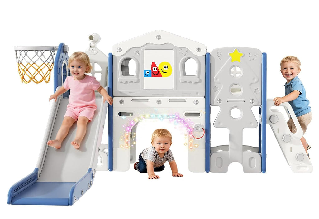 BIERUM 10 in 1 Toddler Slide Set - Baby Slide for Toddlers 1-3 with Colorful Lights, Drawing Board and Building Blocks Board, Indoor Outdoor Toddler Playset Playground, Blue Gray
