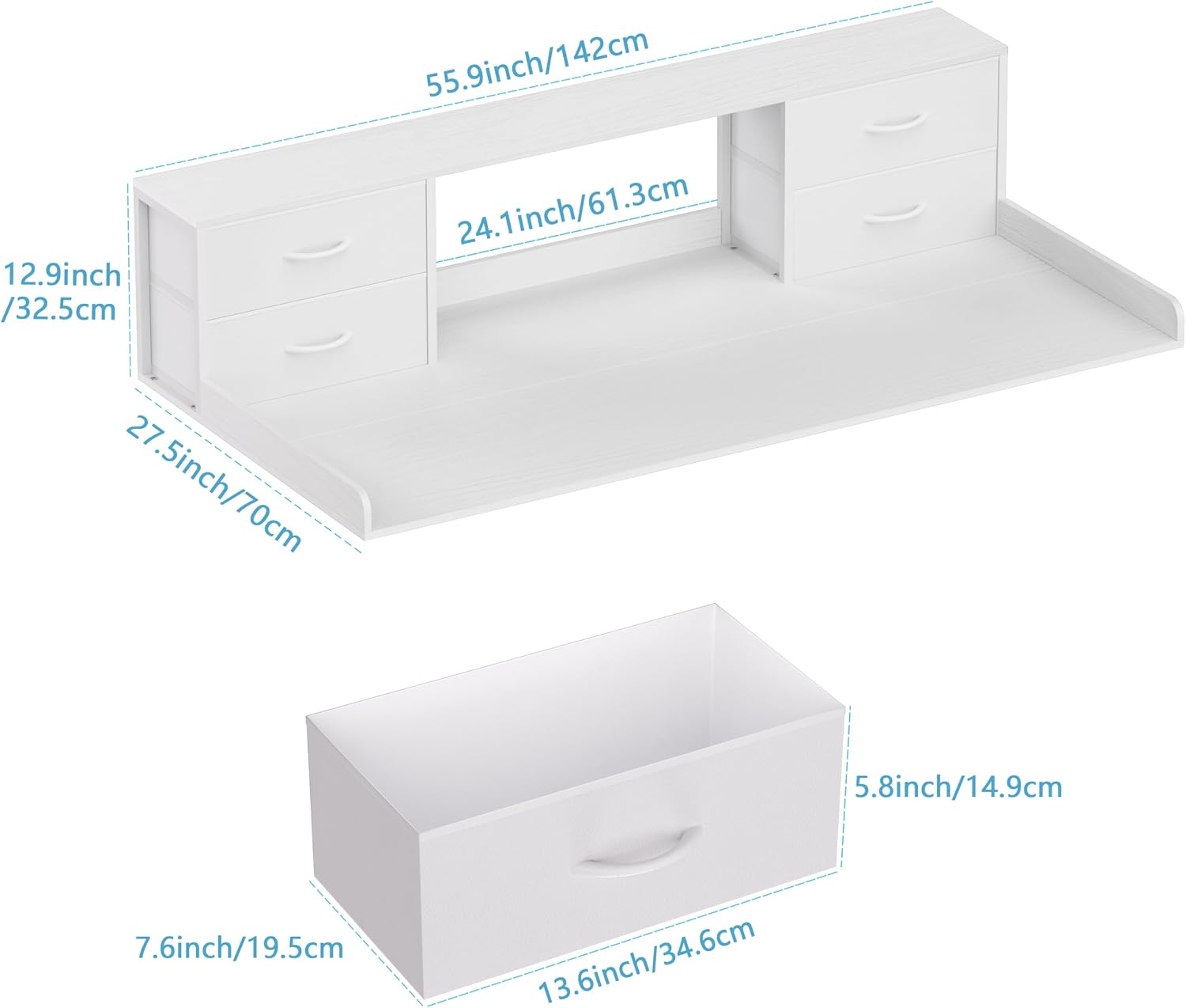 Unionly Washer and Dryer Countertop, 27.5' D x 53.9' W x 12.9' H Solid Wood Washer and Dryer Countertop with Organizer Shelves with Four Drawers for Laundry Room Organization (White)
