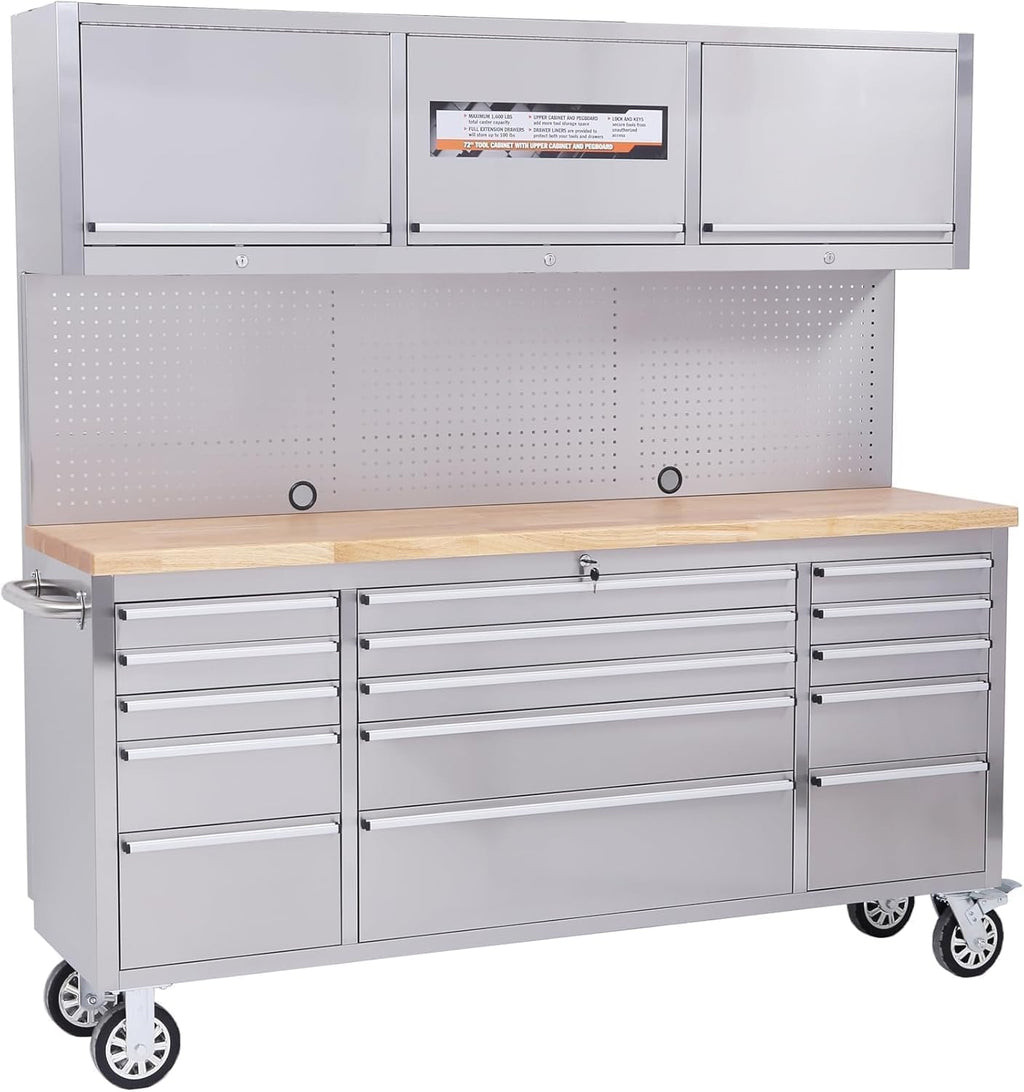 PeakPursuit 72' Rolling Tool Chest with 15 Drawers, Solid Rubber Wood Workbench Top, Locking Wheels & Key Lock, Mobile Garage Tool Cabinet for Workshop Storage and Organization, Silver