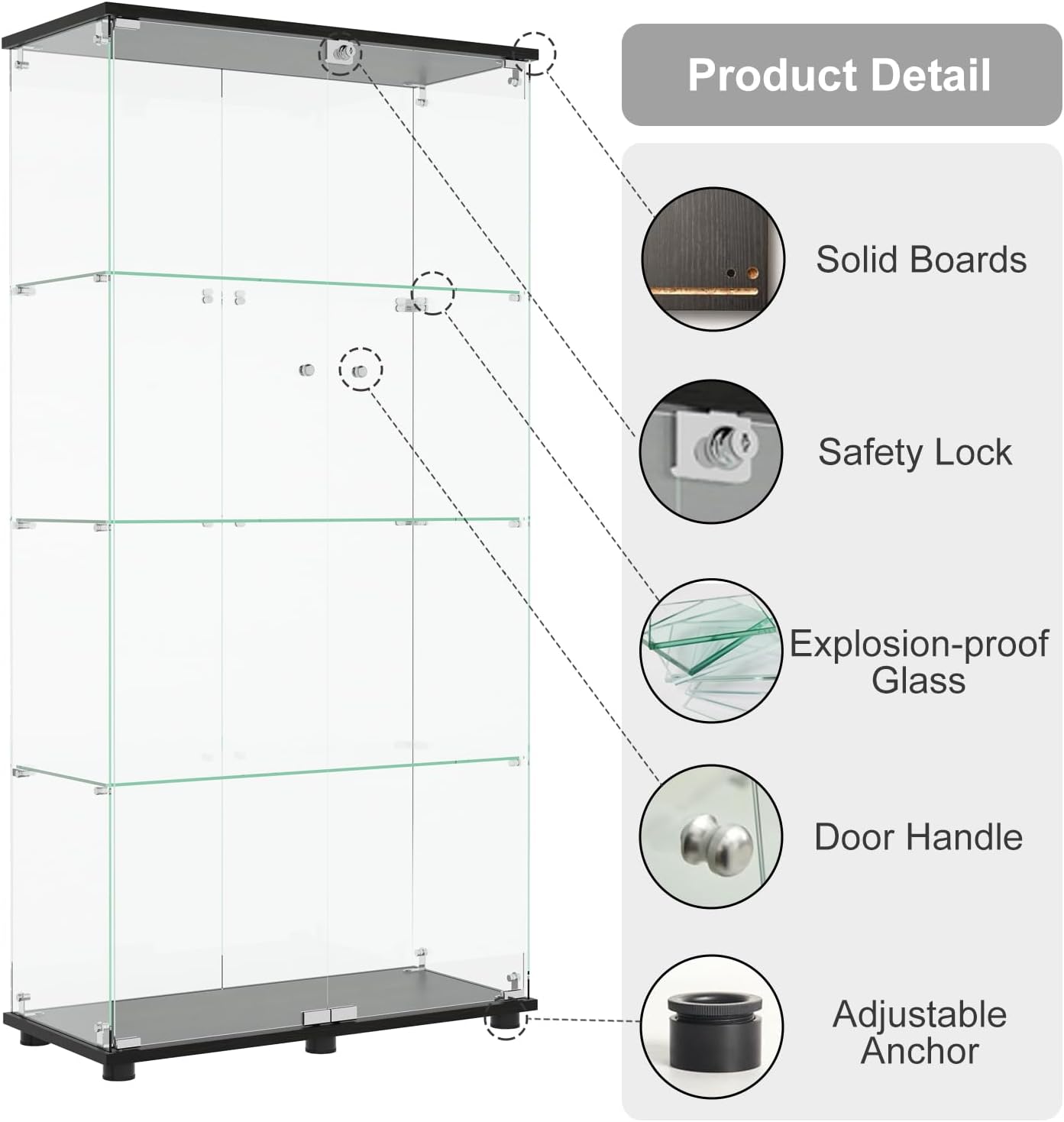 Glass Display Cabinet with 4-Shelf Double Doors and Lock, Curio Cabinet 5mm Tempered Glass Floor Standing Bookshelf for Living Room, Bedroom, Office, 64 x 31.7 x 14.3 in, Black