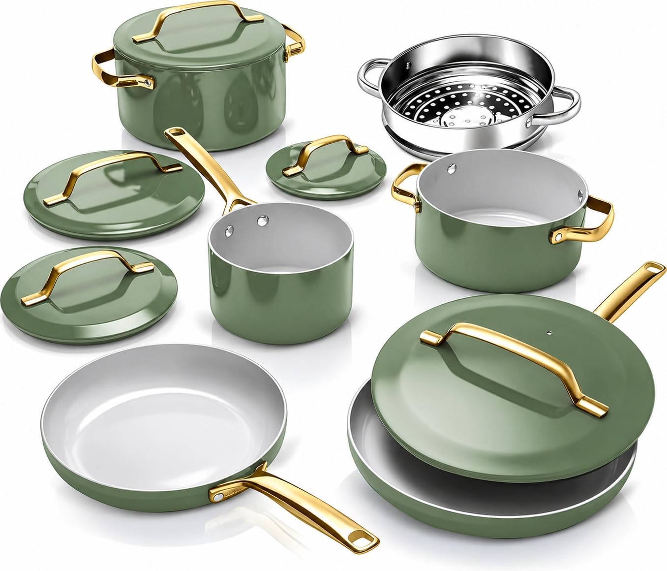Gotham Steel Modern 11 Pc Ceramic Cookware Set, Elegantly Designed Pots and Pans Set Non Stick with Steamer, Induction Bottom, Premium Stay Cool Handles, Non Toxic PFOA Free, Oven & Dishwasher Safe