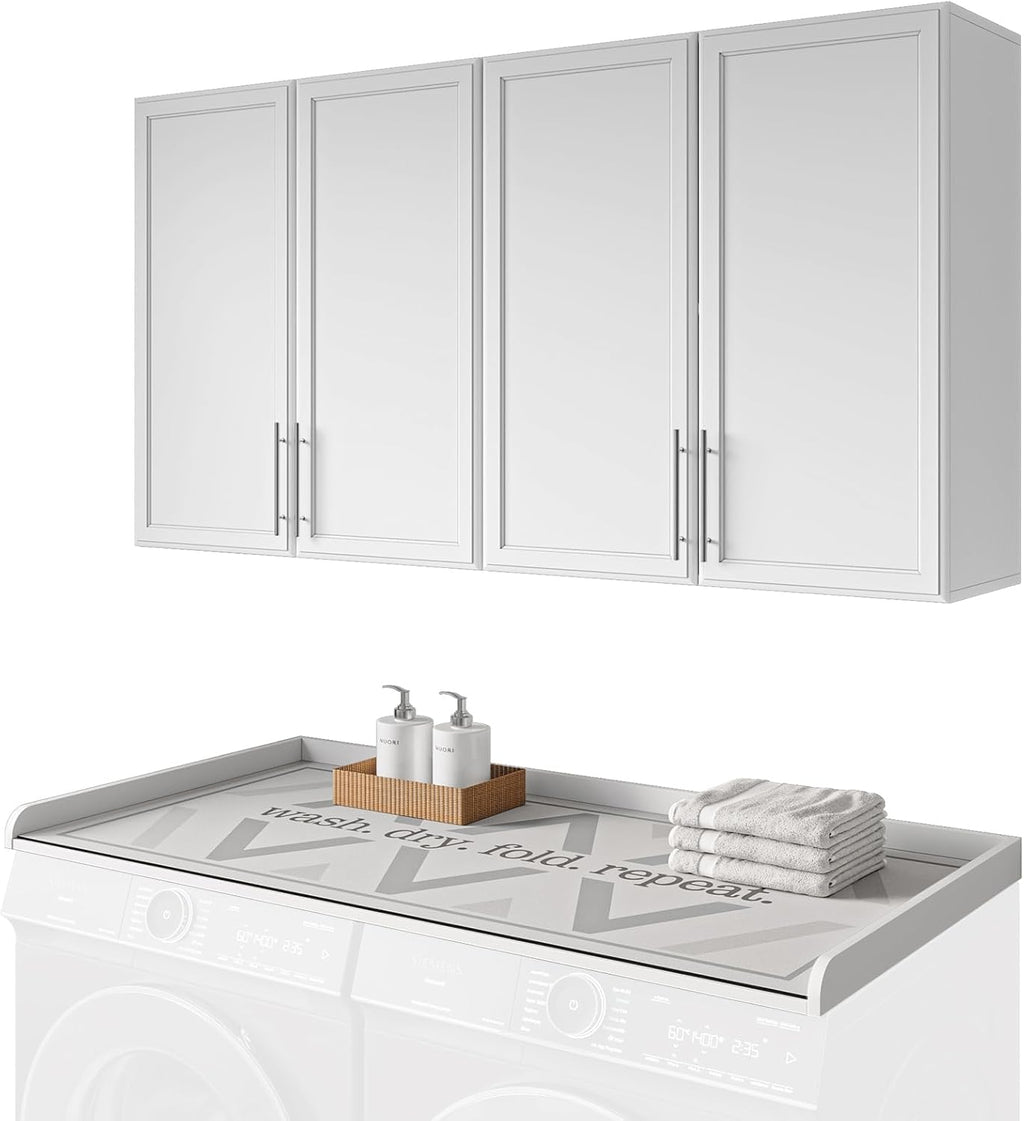 FIMELLO 60' Laundry Room Wall Cabinets and 27.6' x 54' Washer and Dryer Countertop Set, Laundry Room Cabinets Wall Mounted, Upper Cabinets Floating Cabinet - White Laundry Countertop