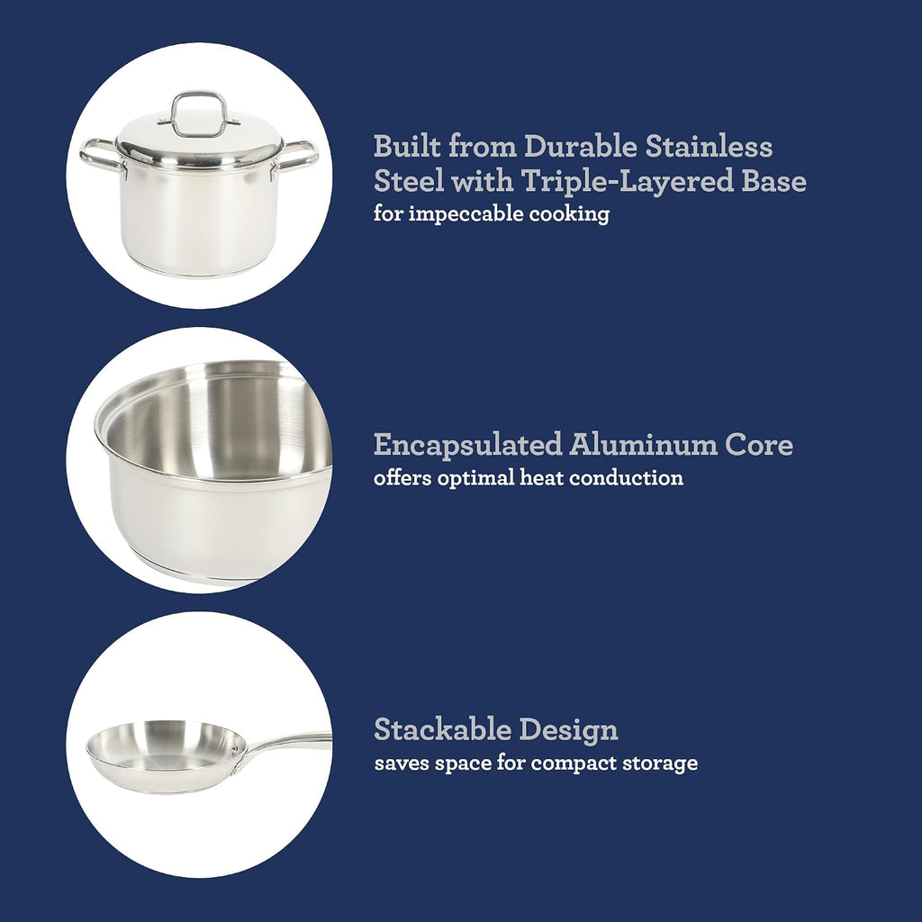 Oster Platinum Sedwick 10-Piece Stackable Stainless Steel Pots and Pans Cookware Set W/Domed Stainless Steel Lids W/TriPly Encapsulated Base - Induction Safe