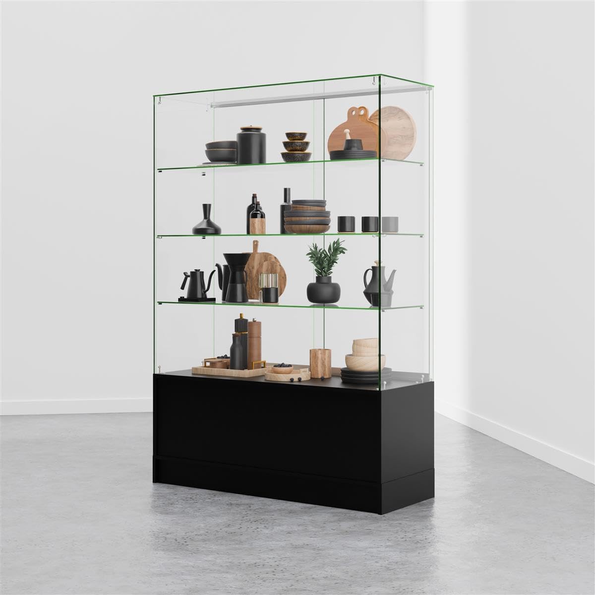 Displays2go 48 Inch Glass Display Cabinet with 3 Glass Shelves, Separate Storage Area in Base, Sliding Doors (Black)