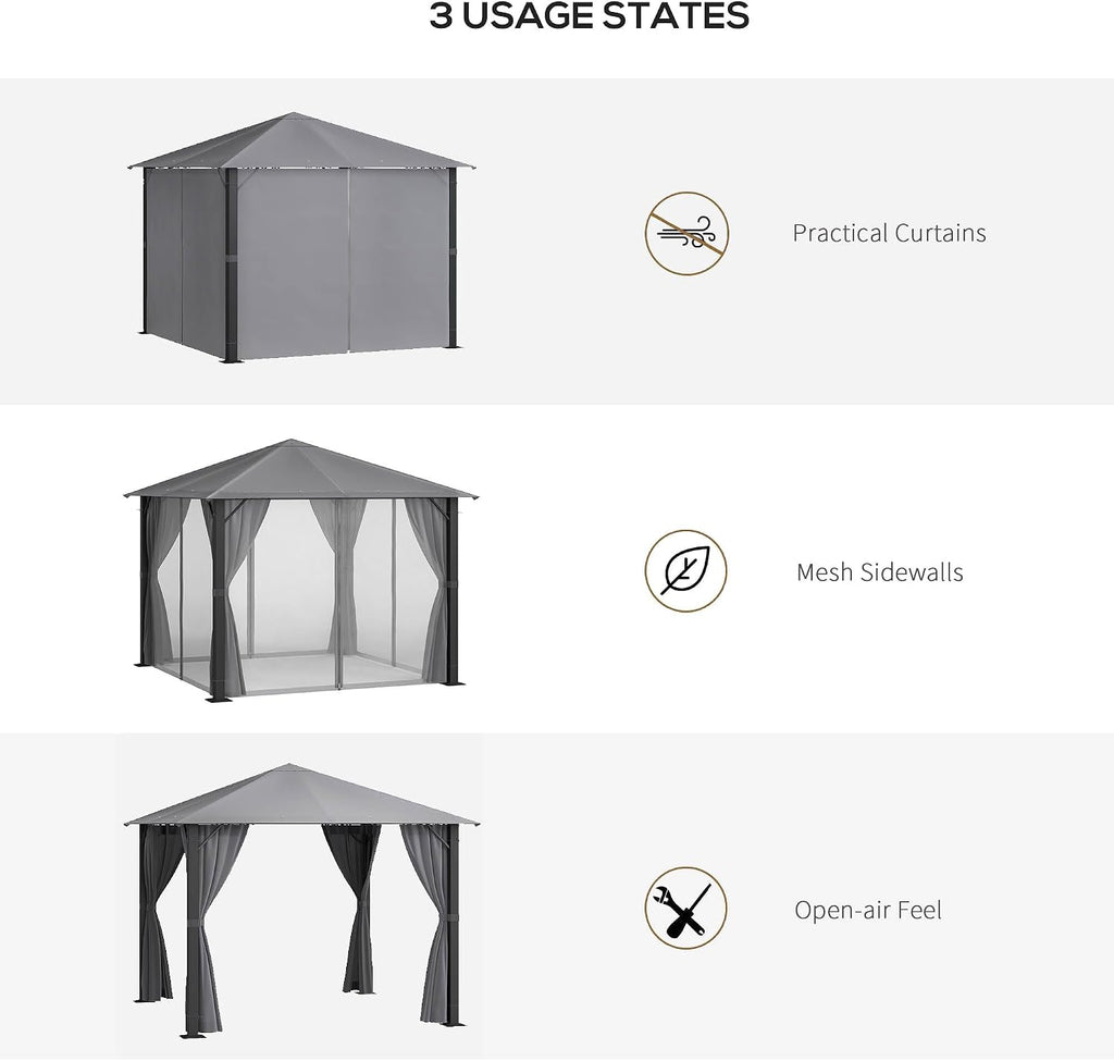 Outsunny 10' x 10' Patio Gazebo, Outdoor Gazebo Canopy Shelter with Netting & Curtains, Vented Roof, for Garden, Lawn, Backyard and Deck, Black