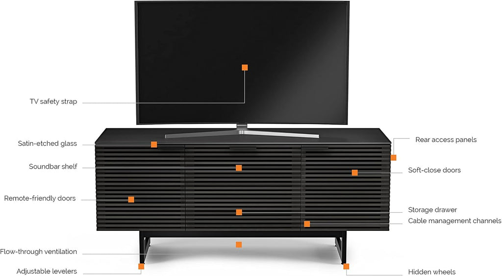 BDI Furniture Corridor 8177-65'' TV Stand for TVs up to 70' with Soundbar Shelf, Storage Drawer, Cable Management, Remote-Friendly Louver Doors, Satin-Etched Glass Top, Charcoal Stained Ash