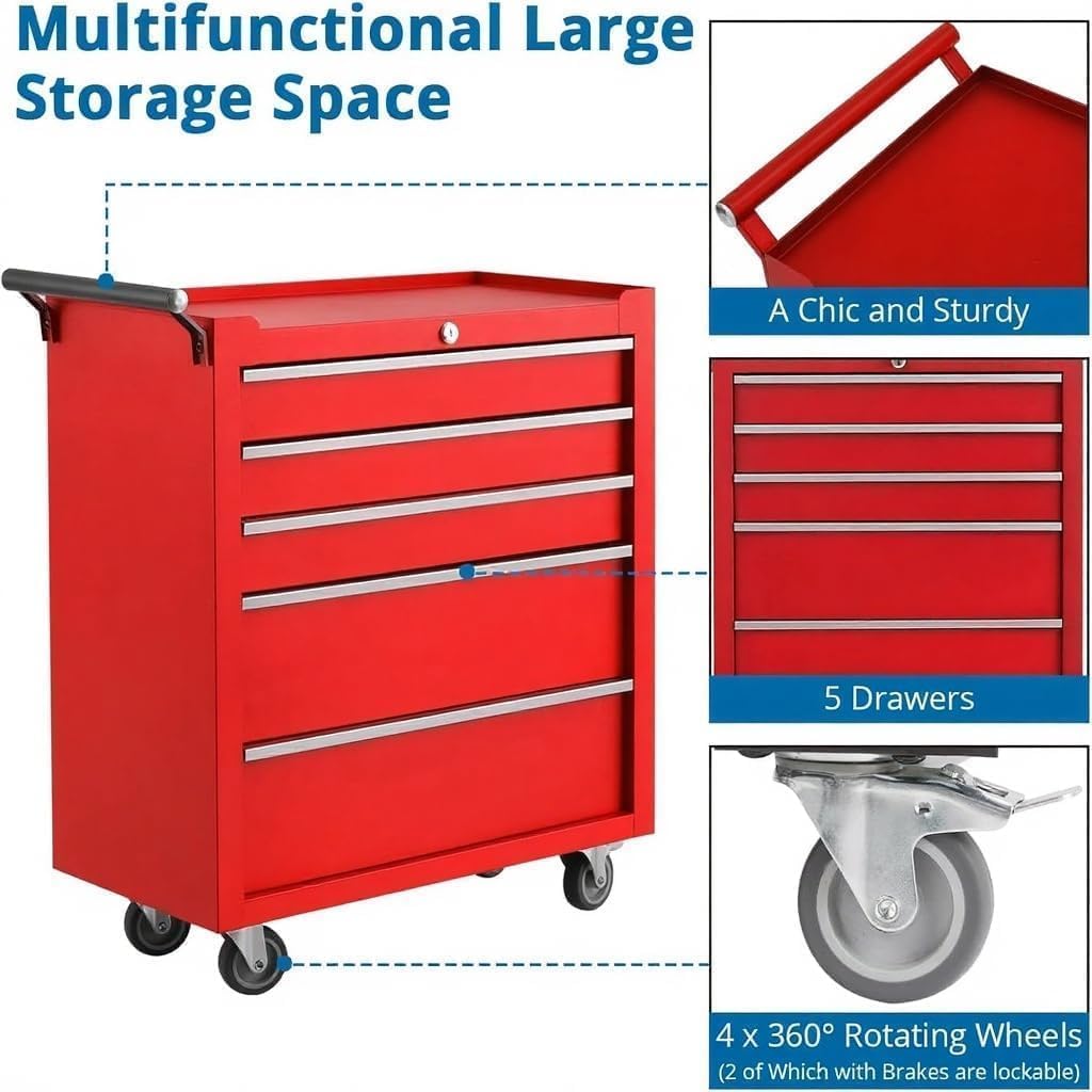 5-Drawer Rolling Tool Chest,Tool Cabinet on Wheels with Keyed Locking System and Drawer Liners,Tool Chest with Link Buckle and Can Be Combined to Large Cabinet Set,for Garage, Warehouse & Repair Shop